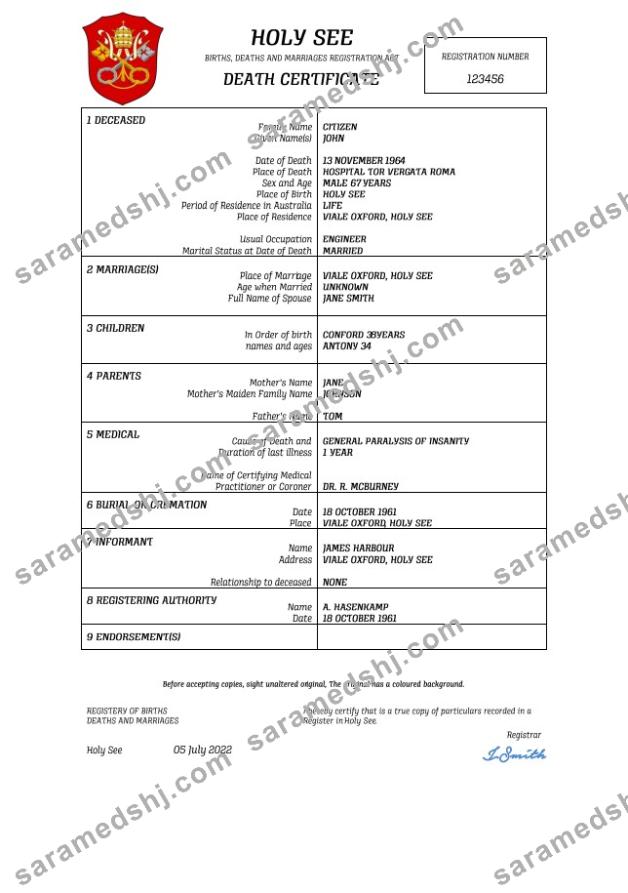 Holy See vital record death certificate Word and PDF template